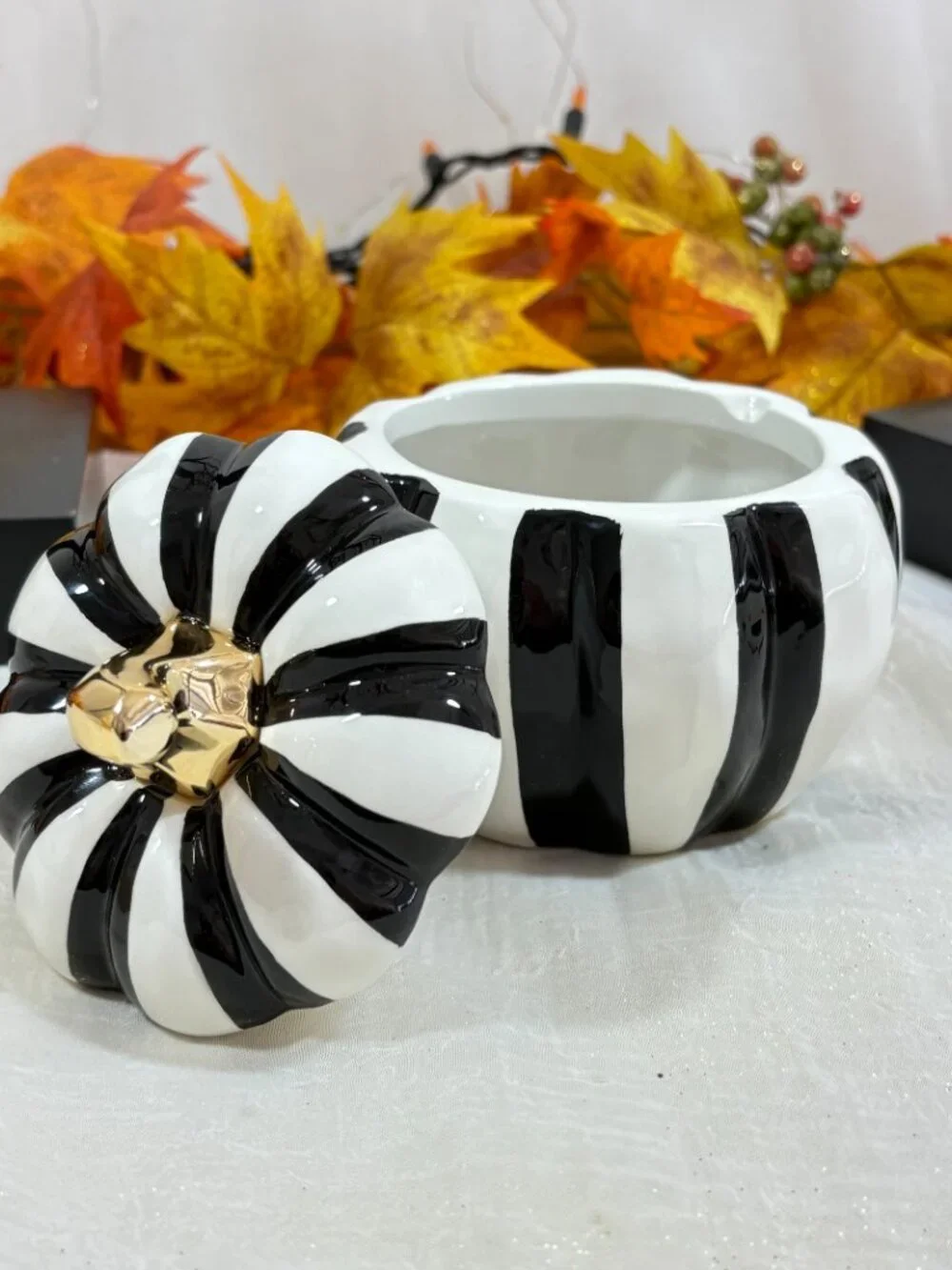 Black & White Ceramic Pumpkin Gold Stem  Mackenzie-Style Covered Sugar Bowl Jar
